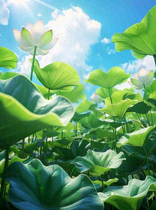 夏日荷花荷叶池塘绿叶下蓝天白云立夏大暑小暑摄影图