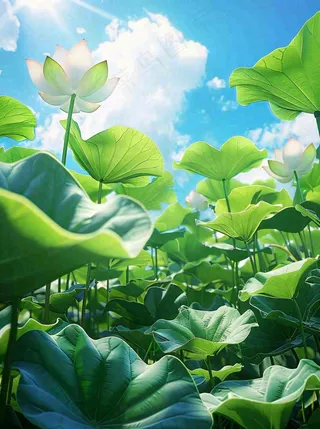夏日荷花荷叶池塘绿叶下蓝天白云立夏大暑小暑摄影图
