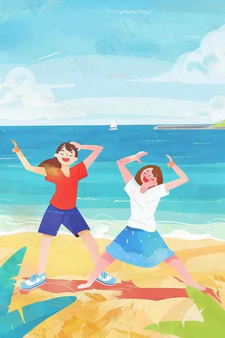 夏至海边沙滩度假玩乐小暑大暑节气插画背景