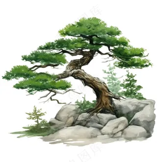 松树石壁上的迎客松古风水墨画插画免抠