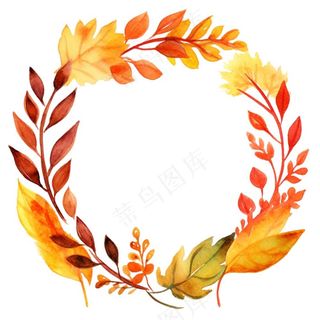 枫叶落叶树叶简约秋天圆形边框水彩画插画免抠