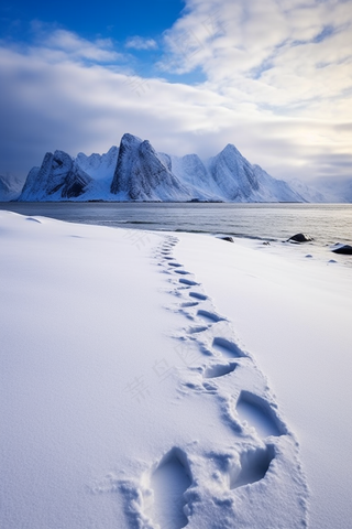 雪地里的脚印雪山湖泊摄影图