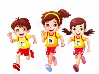 跑步比赛三人学生运动卡通插画免抠