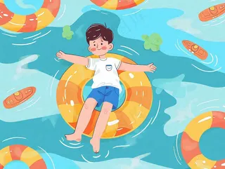 夏天游泳泳池人物游泳男孩蓝色背景泳圈夏日运动小暑大暑夏至立夏卡通插画背景