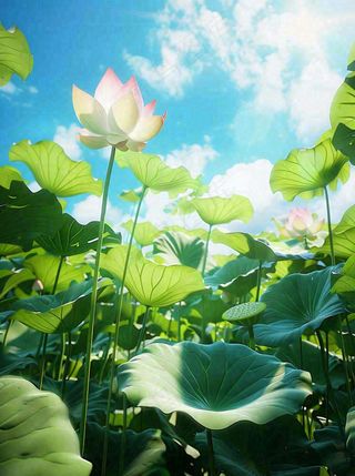 夏日荷花荷叶池塘绿叶下蓝天白云立夏大暑小暑摄影图