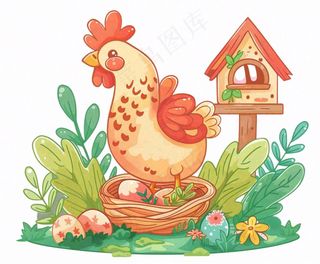母鸡鸡窝孵鸡蛋植物木屋牲畜动物卡通插画免抠
