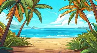 夏日海滩椰子树海浪卡通插画背景