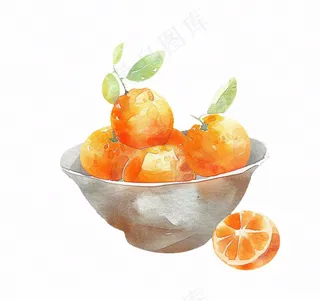 橘子一碗橙子水果水彩画免抠