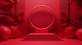 三维渲染的红色中国风电商展台喜庆新春婚庆背景