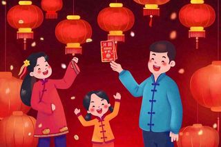 新年春节一家人出游红灯笼红包除夕元宵红色卡通插画背景