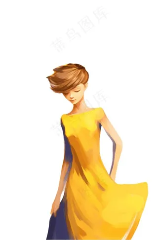 女孩少女拿着黄叶起舞美丽的裙摆卡通插画免抠