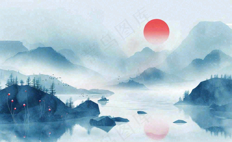 中国风水墨画山水画寒露插画背景(1408x864)