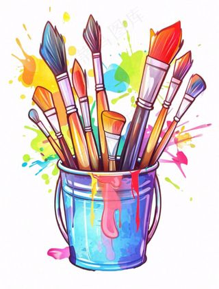 画笔颜料水桶彩色美术卡通插画免抠