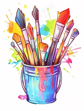 画笔颜料水桶彩色美术卡通插画免抠
