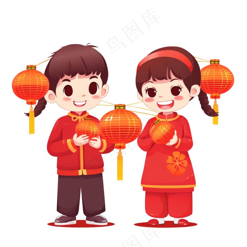 新年儿童拜年张灯结彩国潮春节红色手绘卡通插画免抠(1024x1024)