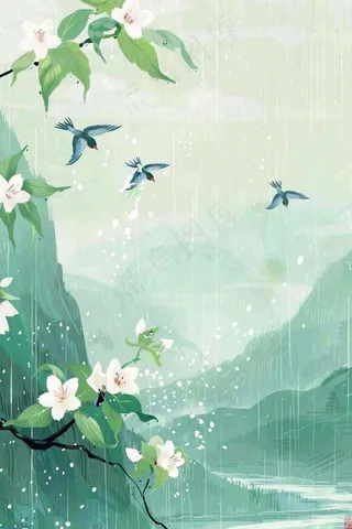 春天梅雨季山间燕子白花花朵雨水谷雨惊蛰寒露水墨插画背景
