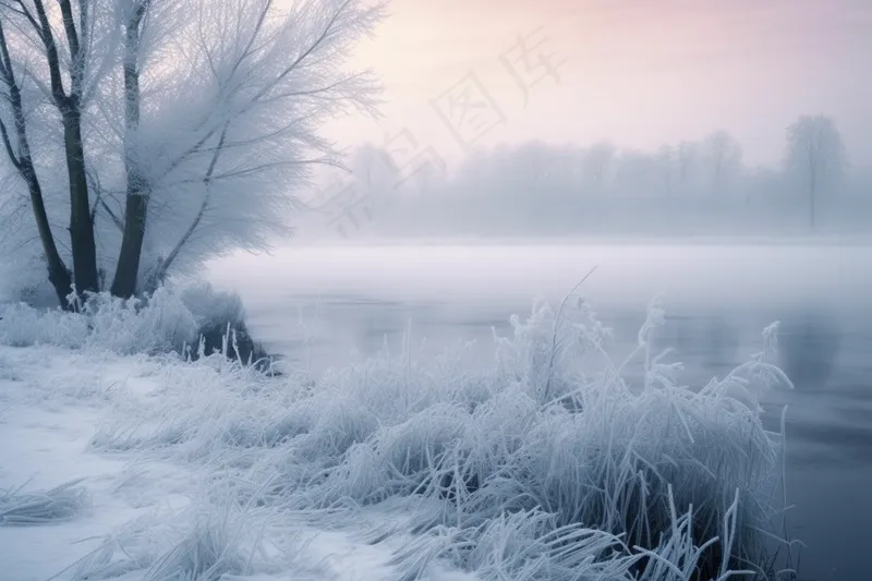 冬天清晨湖边的草地树木被白雪覆盖雾凇摄影图(4032x2688)