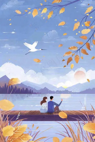 秋天情侣坐着湖边栈道看风景白鹭白露处暑寒露插画背景