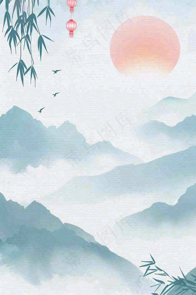 古风山水水墨画柳树柳条日出燕子惊蛰清明端午插画背景