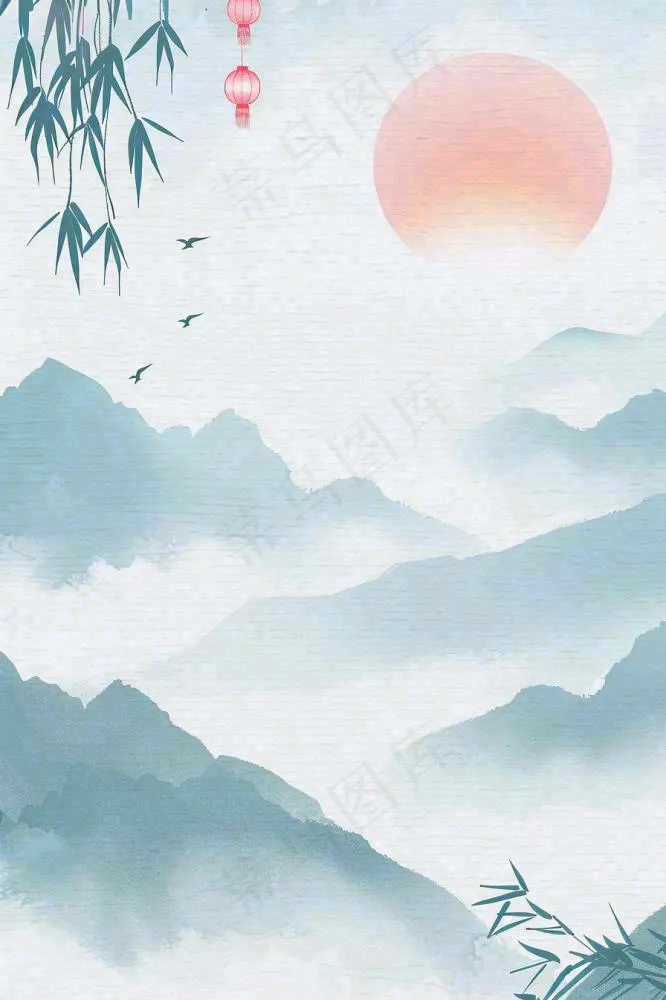 古风山水水墨画柳树柳条日出燕子惊蛰清明端午插画背景(896x1344)