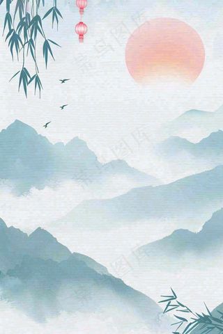 古风山水水墨画柳树柳条日出燕子惊蛰清明端午插画背景