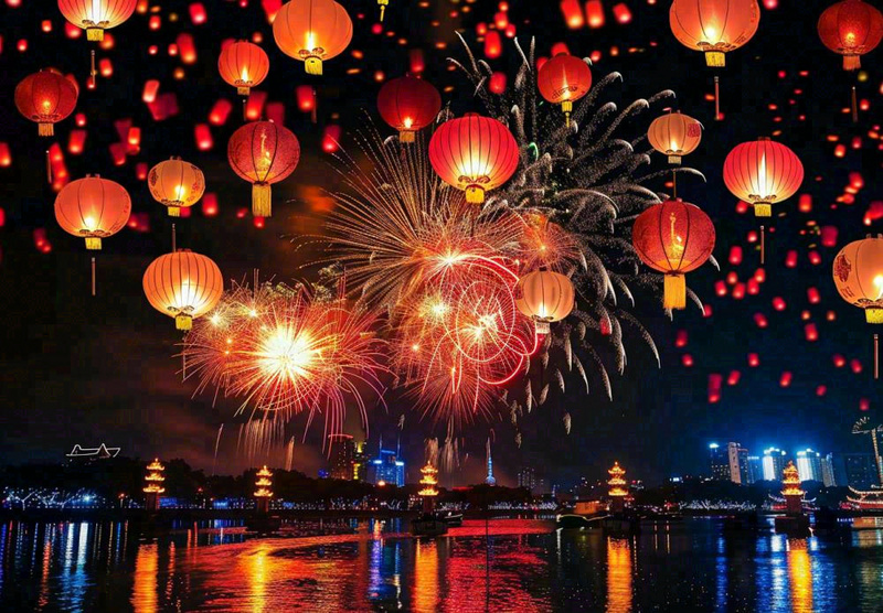 节日庆祝江上烟花活动灯笼背景