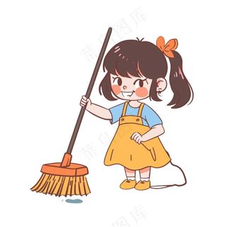 扫地的小女孩搞卫生劳动卡通插画免抠