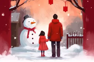 冬季家门口堆雪人新年红色卡通插画背景