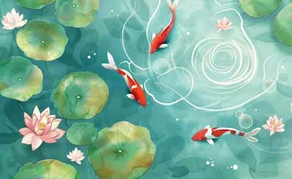 夏天荷花夏日荷塘背景水彩睡莲荷叶锦鲤鱼水彩立夏夏至大暑小暑卡通插画背景