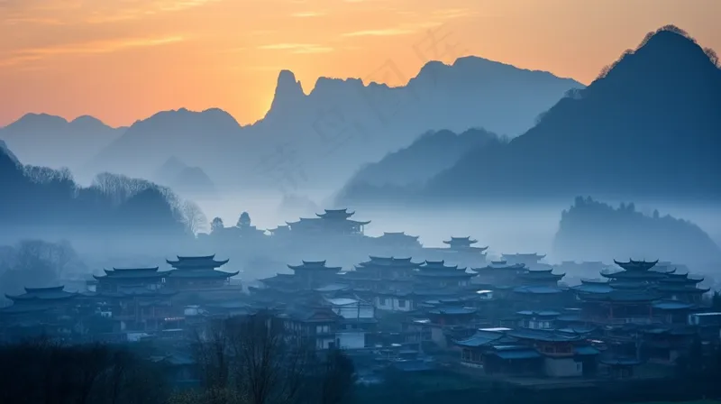 傍晚夕阳余晖下的古城城镇中式建筑山峦叠嶂美景摄影图(4368x2448)