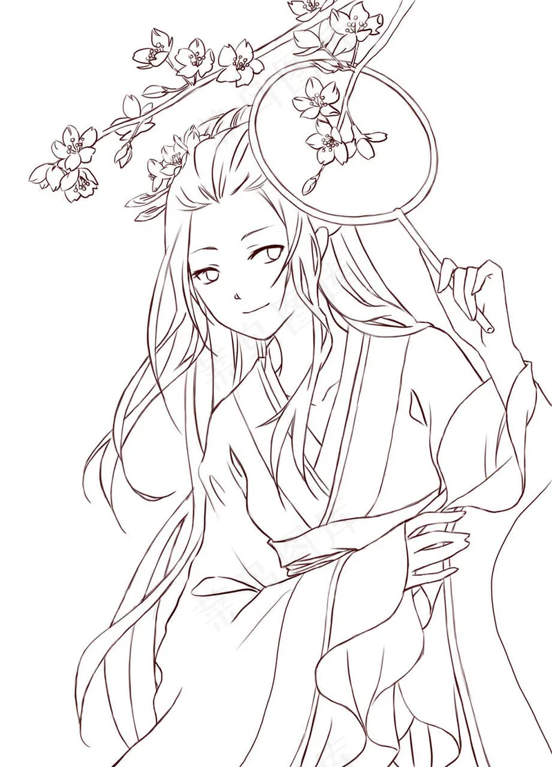 古风线稿丨PPT插画丨手绘线稿丨国风美女001ai矢量模版下载