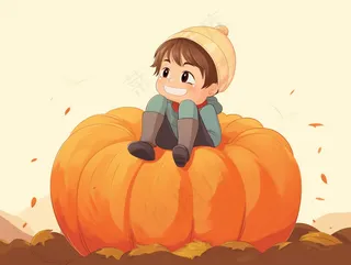 南瓜上的男孩卡通手绘插画背景