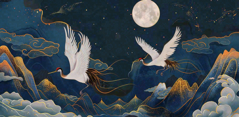 国潮山水中国风手绘祥云仙鹤插画古风唯美山水风景动物蓝金背景