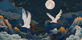 国潮山水中国风手绘祥云仙鹤插画古风唯美山水风景动物蓝金背景