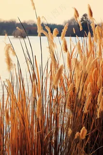 秋冬湖边芦苇花干枯黄色摄影图