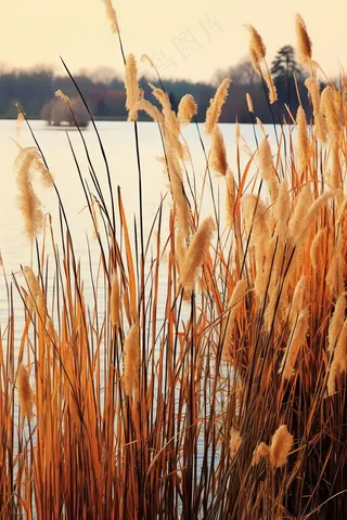 秋冬湖边芦苇花干枯黄色摄影图