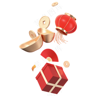 春节红色金色灯笼元宝礼盒金币素材