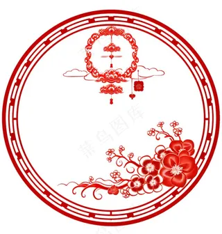 红色圆形边框窗花春节贴纸免抠