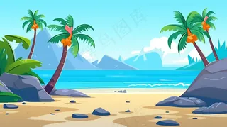 海边沙滩礁石椰树海岛卡通插画 背景