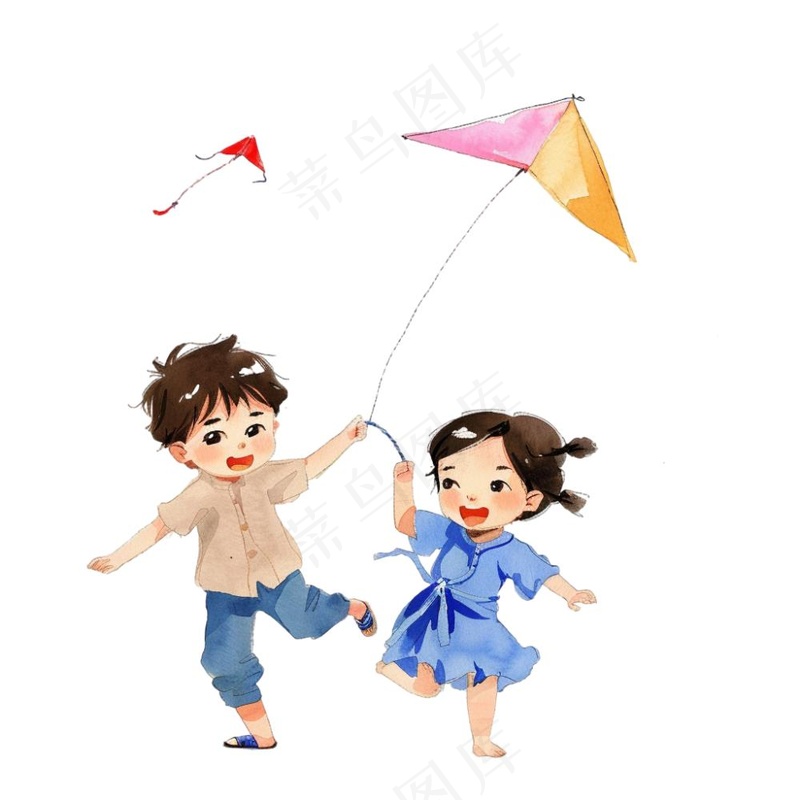 放风筝的孩子欢乐童年卡通插画免抠(1024x1024)