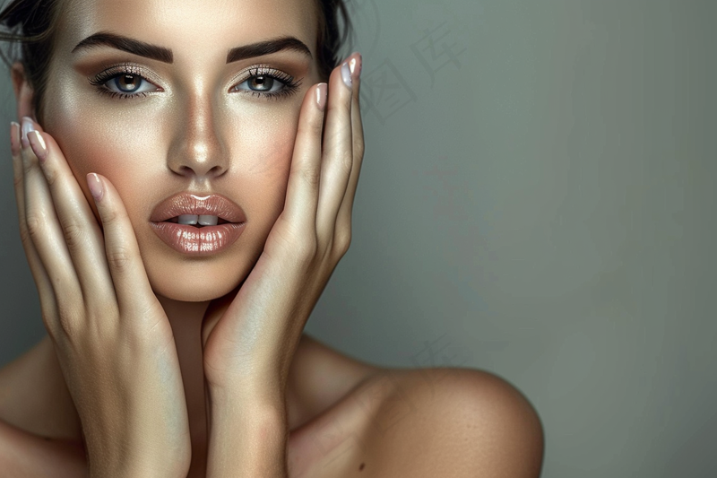 时尚欧美女性手势抚摸脸庞美丽摄影图