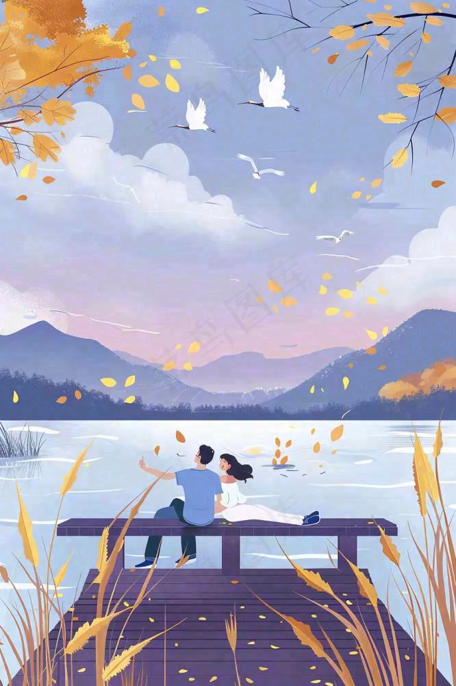 秋天情侣坐着湖边栈道看风景白鹭白露处暑寒露插画背景(896x1344)