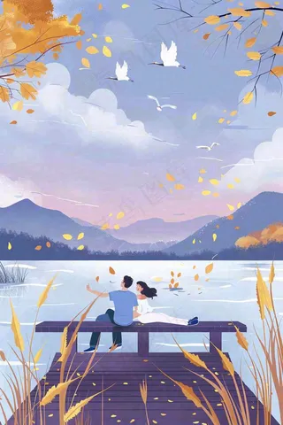 秋天情侣坐着湖边栈道看风景白鹭白露处暑寒露插画背景