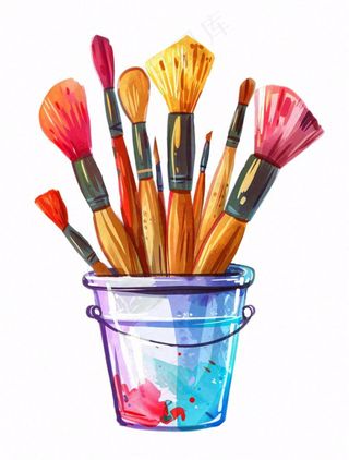 画笔颜料水桶彩色美术卡通插画免抠