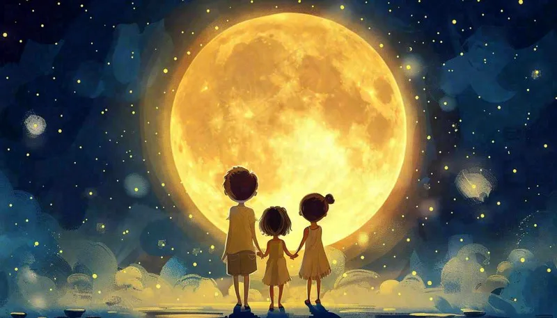 中秋满月小孩手拉手赏月治愈梦幻唯美月亮夜晚水彩插画背景(1456x832)