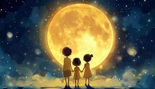 中秋满月小孩手拉手赏月治愈梦幻唯美月亮夜晚水彩插画背景