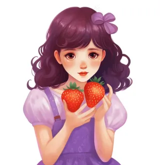 少女拿着草莓紫色衣裙美丽可爱人物卡通插画免抠