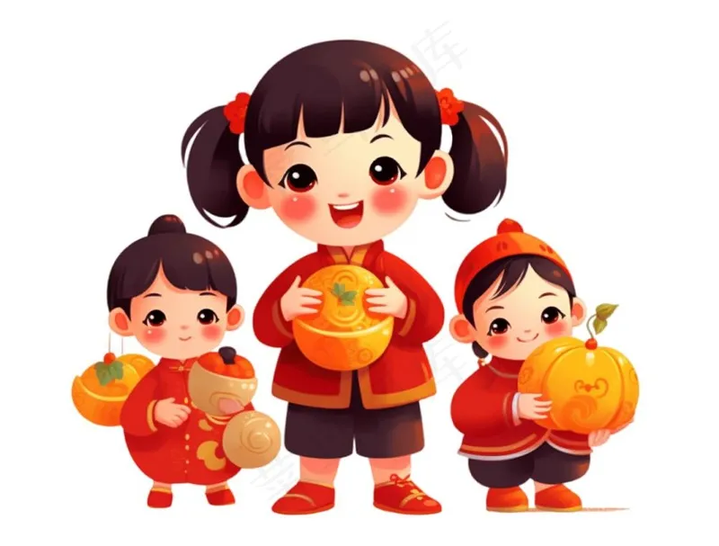 红色儿童小孩拜年过年新年春节元旦喜庆手绘卡通插画免抠(1264x960)