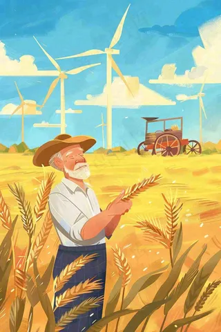 秋天农民伯伯秋收小麦丰收粮食金黄风车芒种立秋秋分卡通插画背景