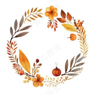 枫叶落叶树叶简约秋天圆形边框水彩画插画免抠